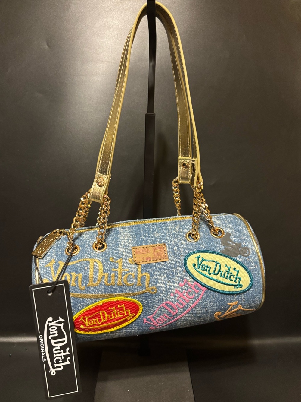 Von Dutch Denim Long Barrel Bag Gold
Chain Y2K Shoulder Purse NWT